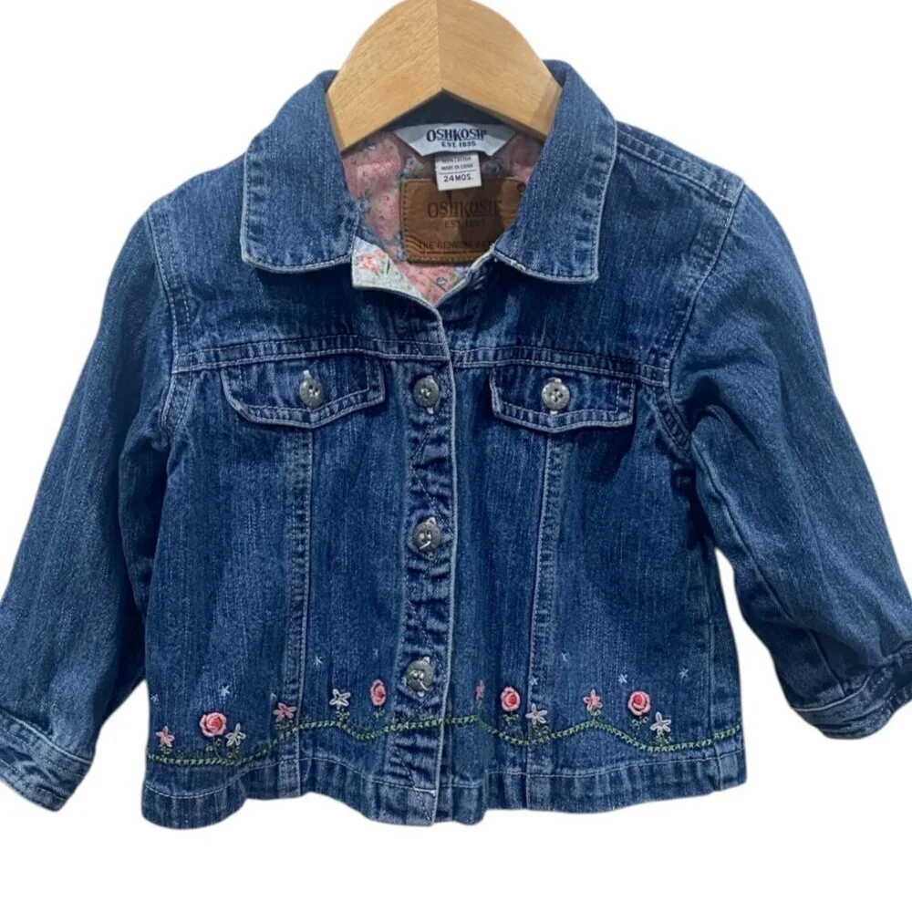 Oshkosh B'Gosh Denim Floral Embroidered Jacket Girls Size 24 Months